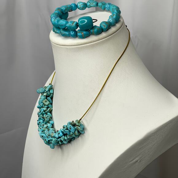 turquoise colored blue stone chip necklace and coordinating bracelet set boho - Picture 1 of 14